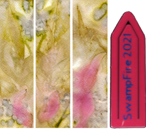 Mary Catherine's three eco-prints and Rachel's "Swampfire 2021" bookmark