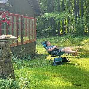 Cait West at work in her comfy lawn lounge