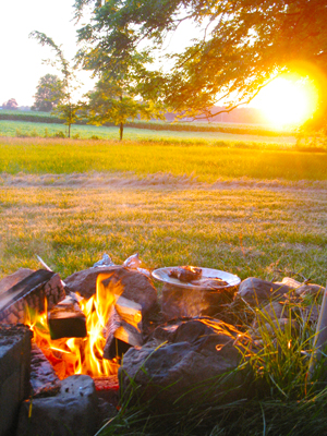 Fire pit flames at sunset