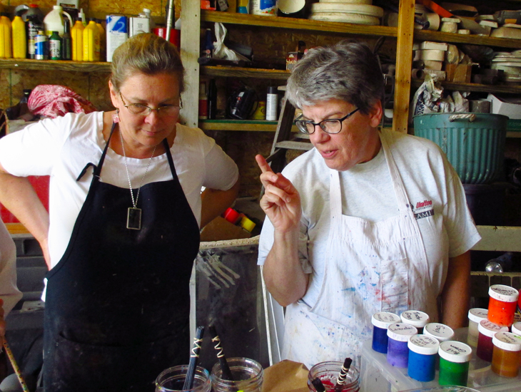 Heidi and Jan . . . visual artists discussing the Turkish marbling process